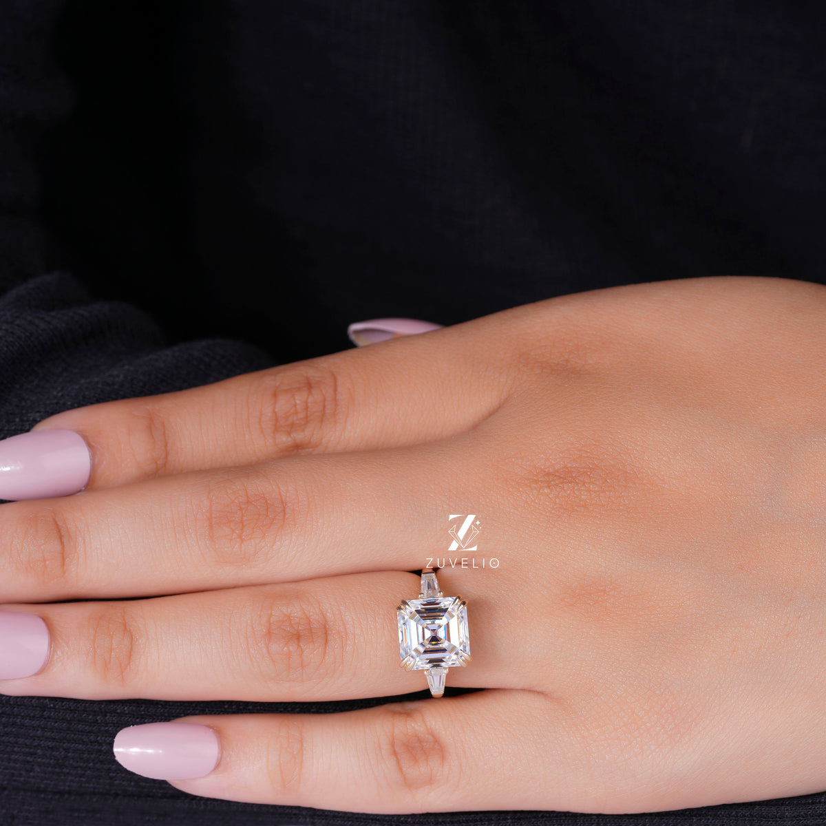Asscher Moissanite Trilogy Ring