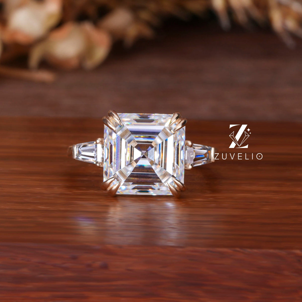 Asscher Moissanite Trilogy Ring