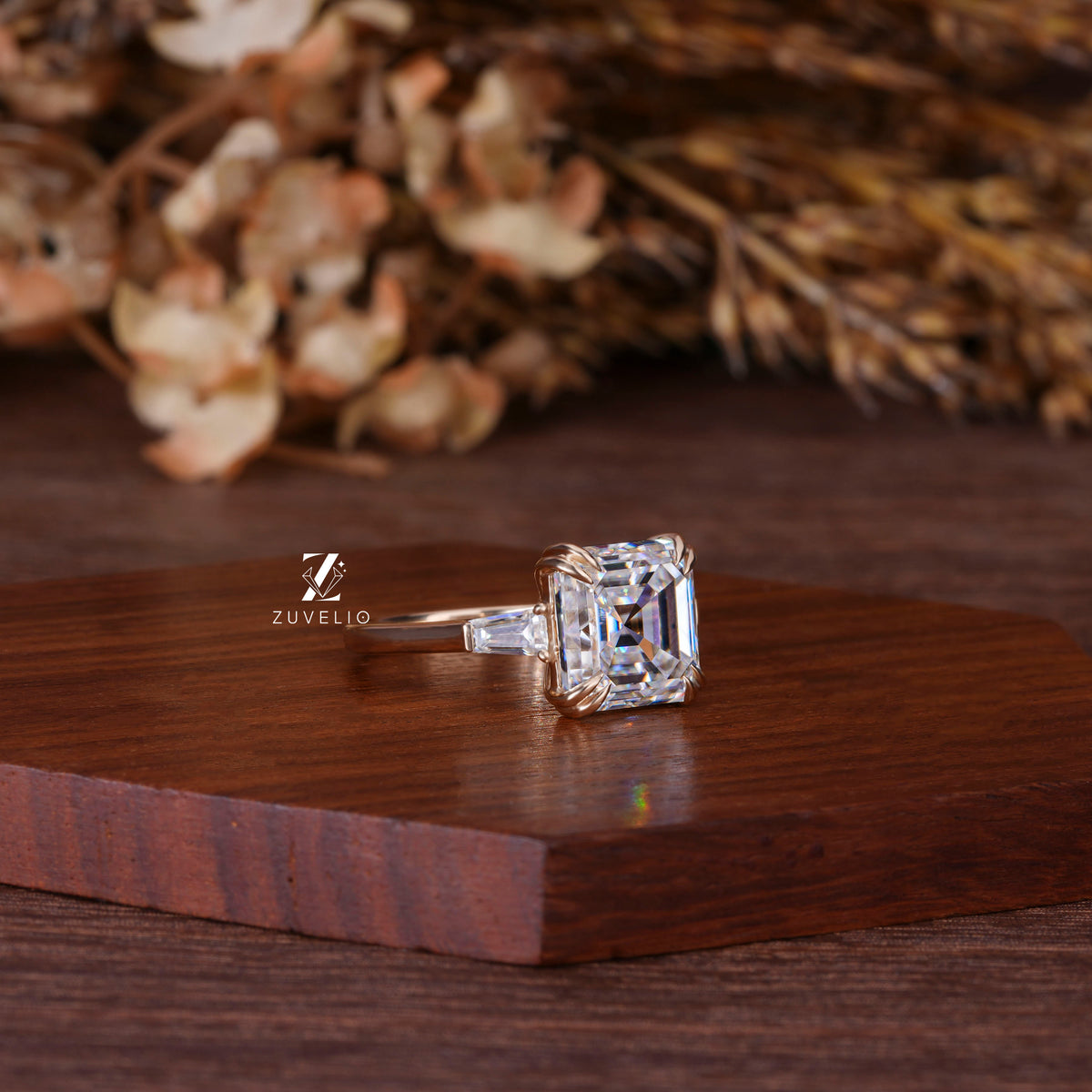 Asscher Moissanite Trilogy Ring