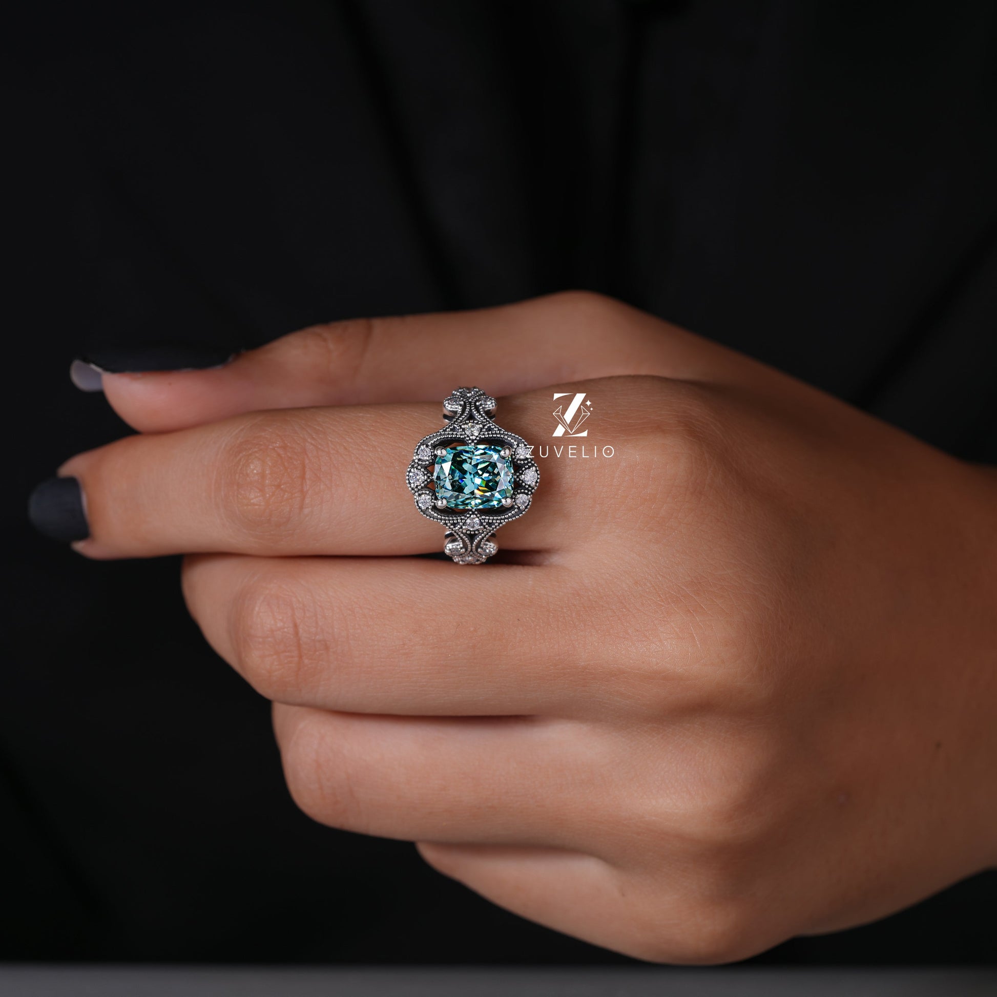 Blue-Green Moissanite Milgrain Ring - Zuvelio.com