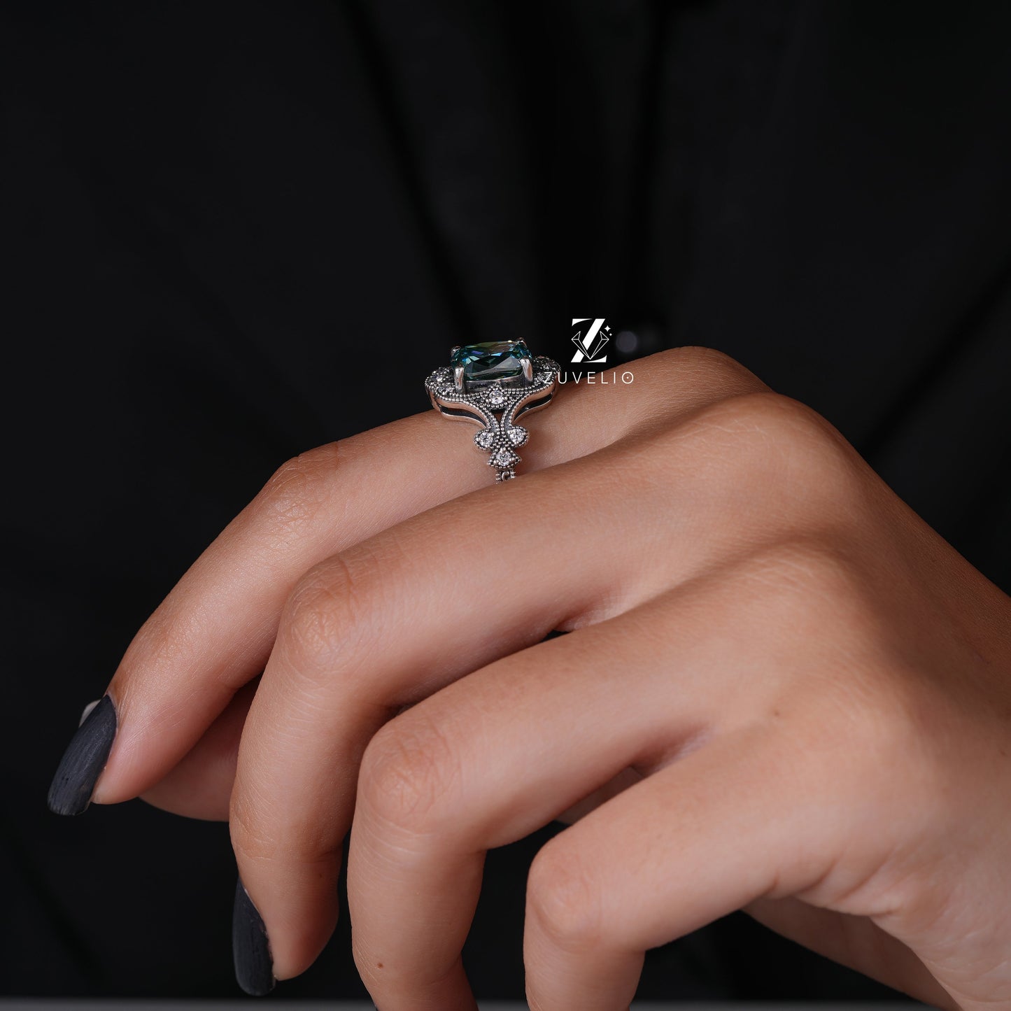 Blue-Green Moissanite Milgrain Ring - Zuvelio.com
