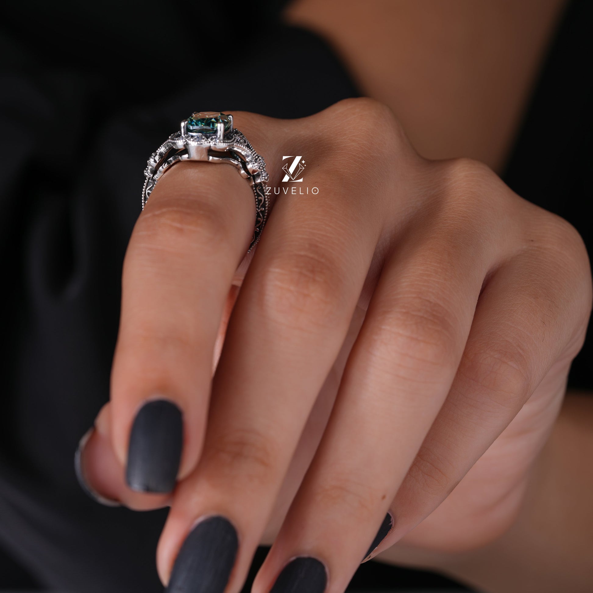 Blue-Green Moissanite Milgrain Ring - Zuvelio.com