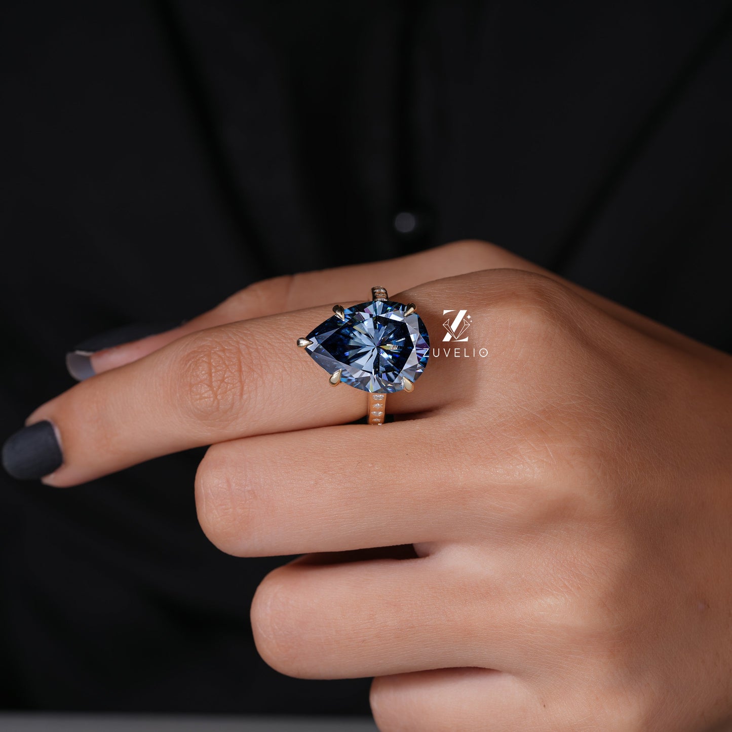 Blue Pear Moissanite Ring - Zuvelio.com