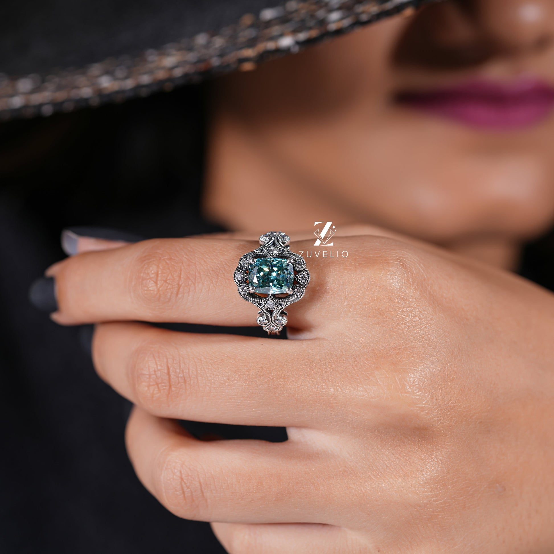 Blue-Green Moissanite Milgrain Ring - Zuvelio.com