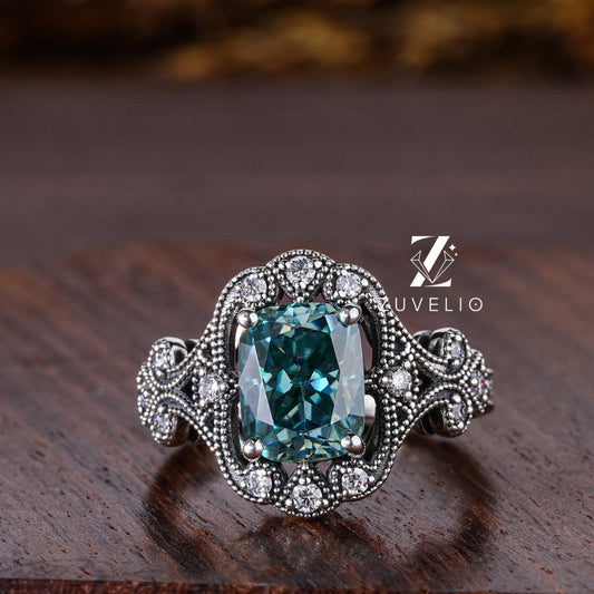 Blue-Green Moissanite Milgrain Ring - Zuvelio.com