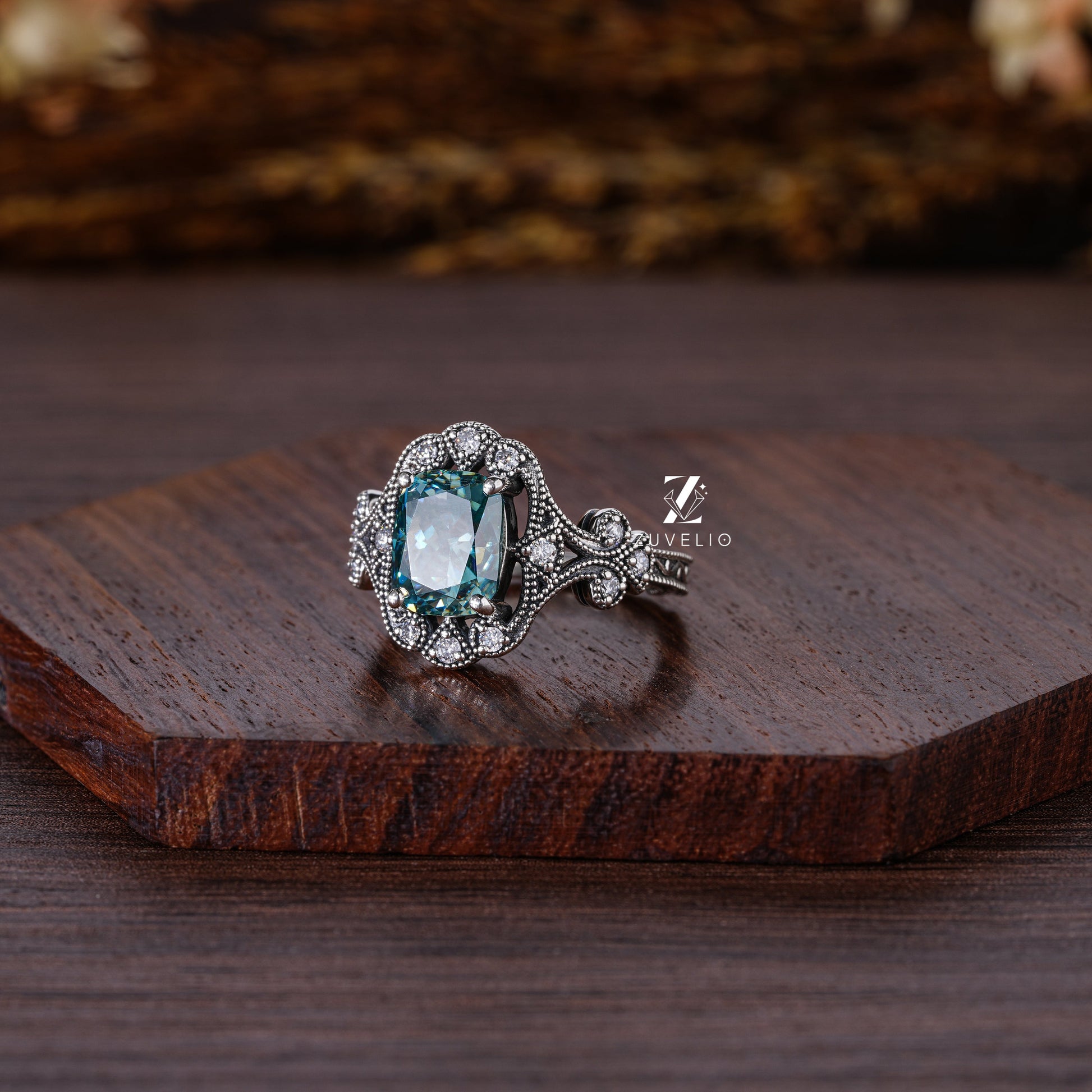 Blue-Green Moissanite Milgrain Ring - Zuvelio.com