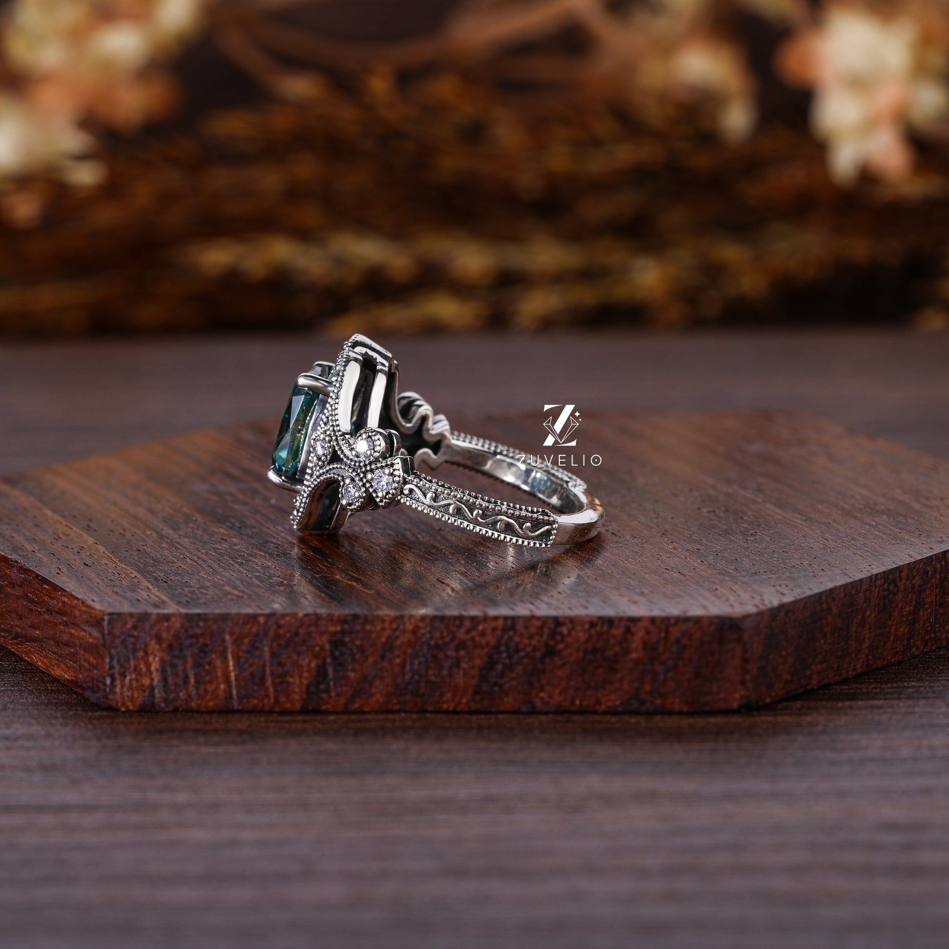 Blue-Green Moissanite Milgrain Ring - Zuvelio.com