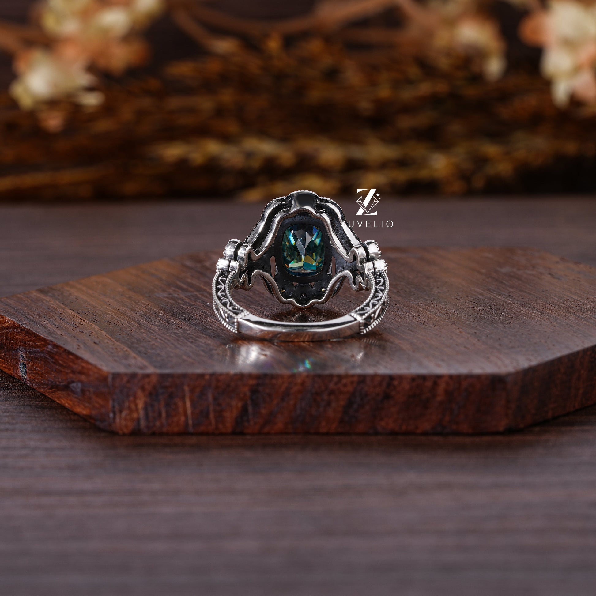 Blue-Green Moissanite Milgrain Ring - Zuvelio.com