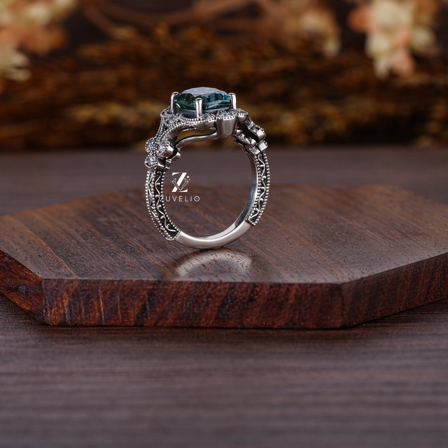 Blue-Green Moissanite Milgrain Ring - Zuvelio.com