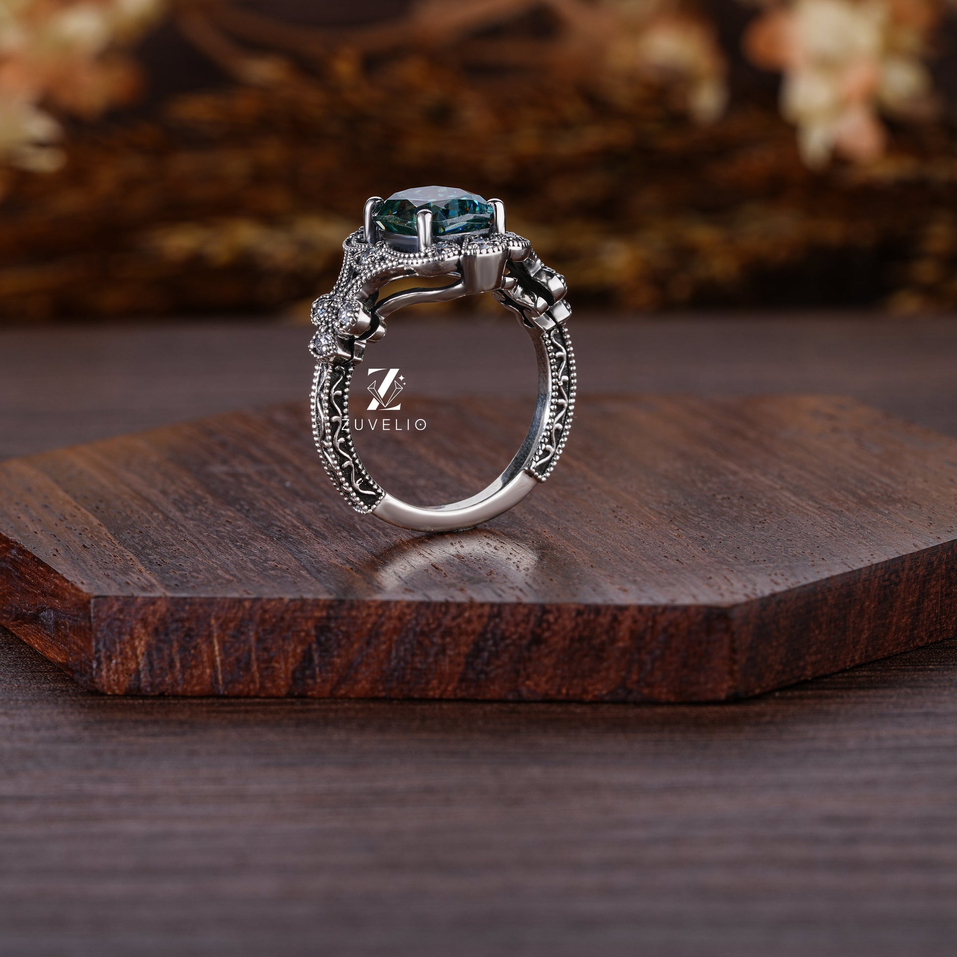 Blue-Green Moissanite Milgrain Ring - Zuvelio.com