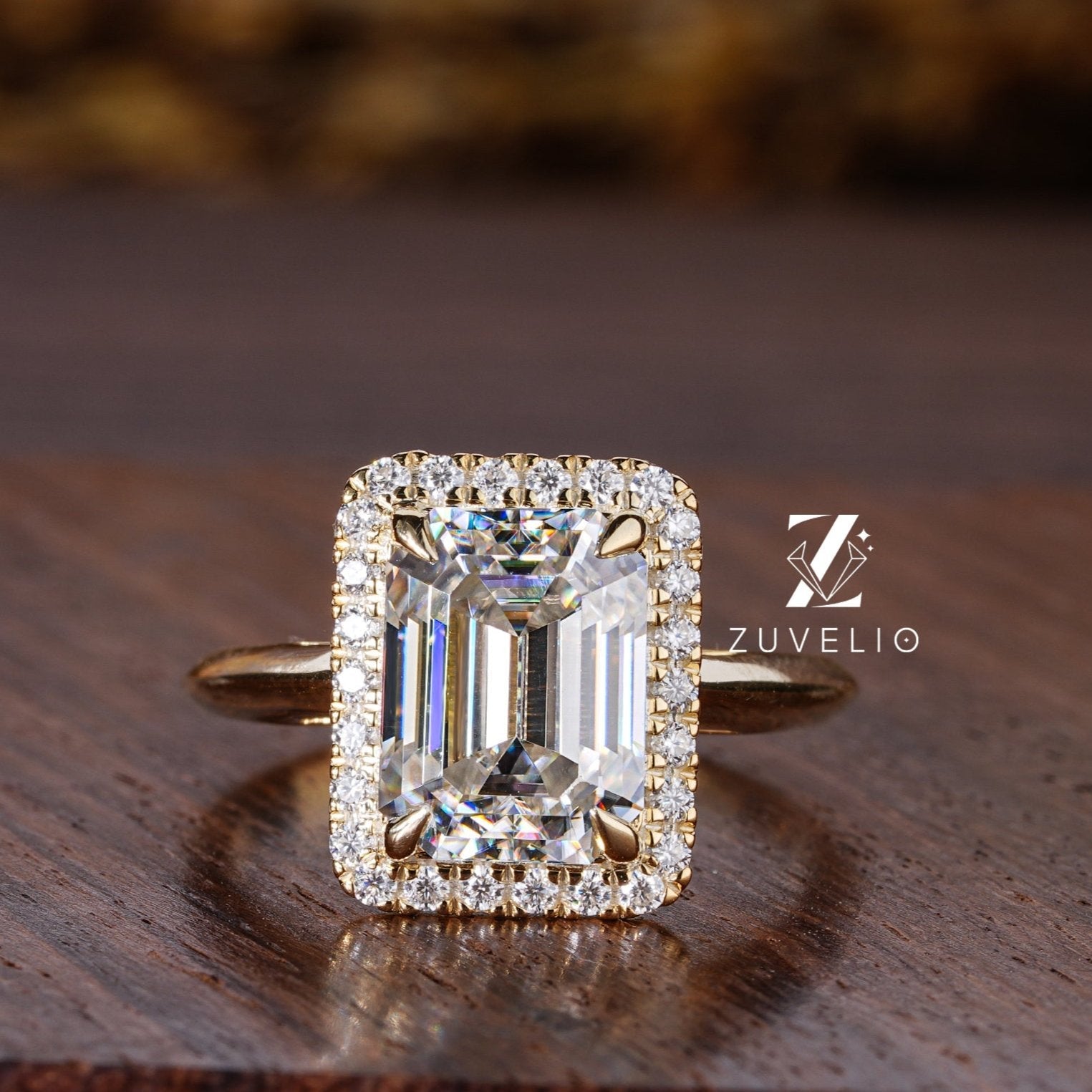 Halo Emerald Cut Moissanite Ring - Zuvelio.com