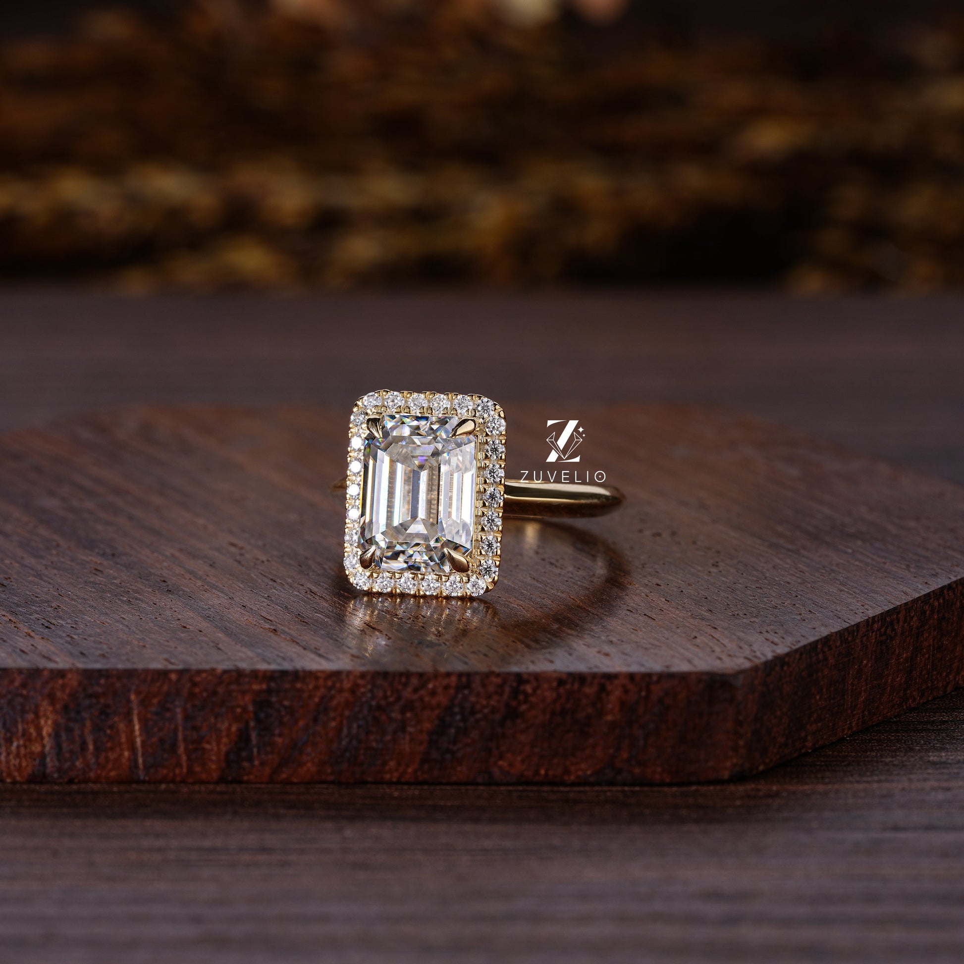 Halo Emerald Cut Moissanite Ring - Zuvelio.com